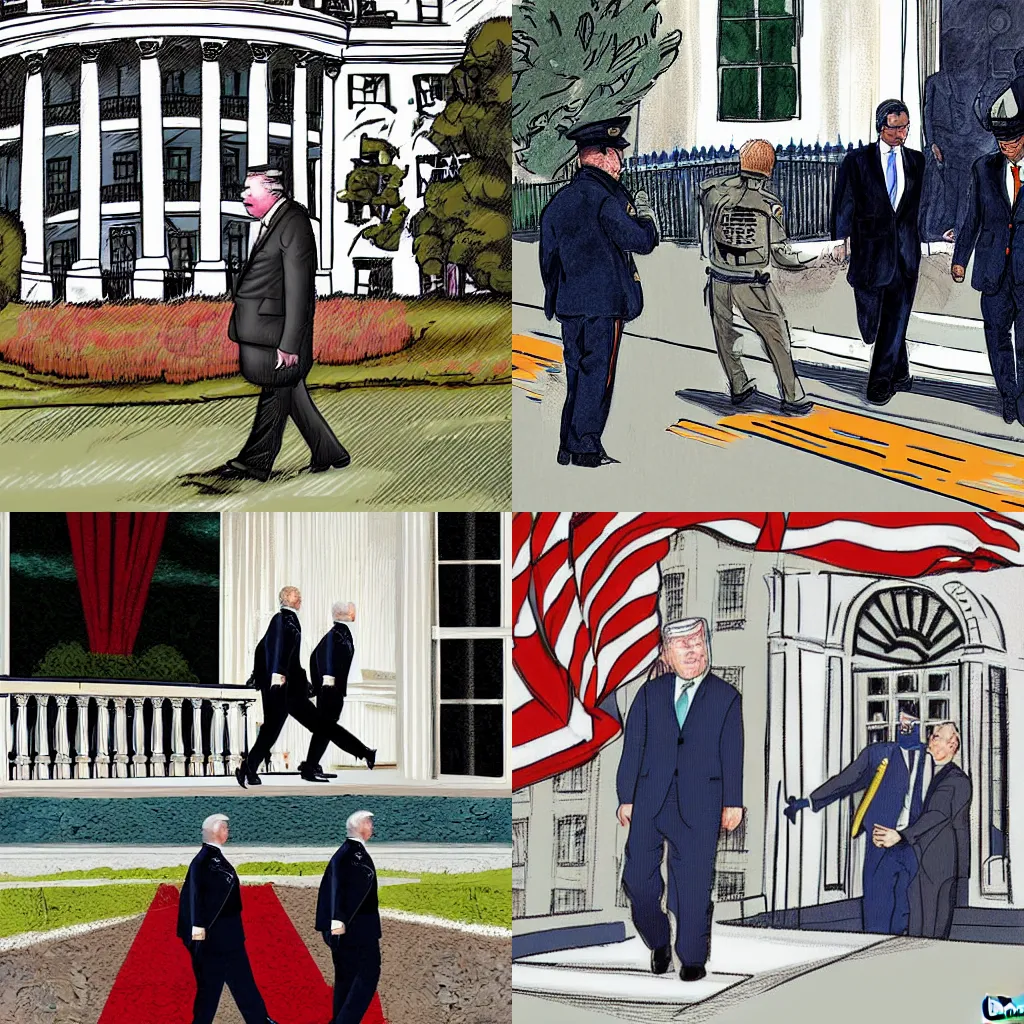 Prompt: President Leaving the White House under arrest, digital art