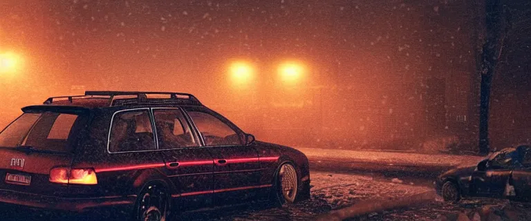 Image similar to Audi A4 B6 Avant (2002), a gritty neo-noir, dramatic lighting, cinematic, eerie person, death, homicide, homicide in the snow, gunshots, establishing shot, extremely high detail, photorealistic, red mist, red fog, chaos, arson, burning city, cinematic lighting, artstation, by simon stalenhag, Max Payne (PC) (2001) winter New York at night, In the style of Max Payne 1 graphic novel, flashing lights, Poets of the Fall - Late Goodbye