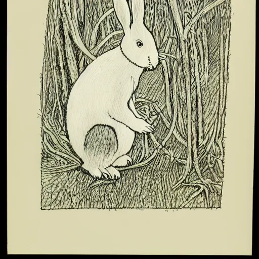 Image similar to drawing of a white bunny smoking a big cigarette in the deep tangled forest, by edward gorey, by gustav dore, black ink on white paper