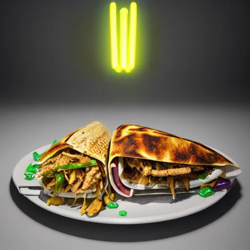 Image similar to ultradetailed still - life shawarma on plate insanely detailed, octane render, cgsociety cyberpunk, neon, vaporwave sci - fi, futuristic, amazing space creature 4 k, 8 k, hyper realism scary, alluring, coveted alive