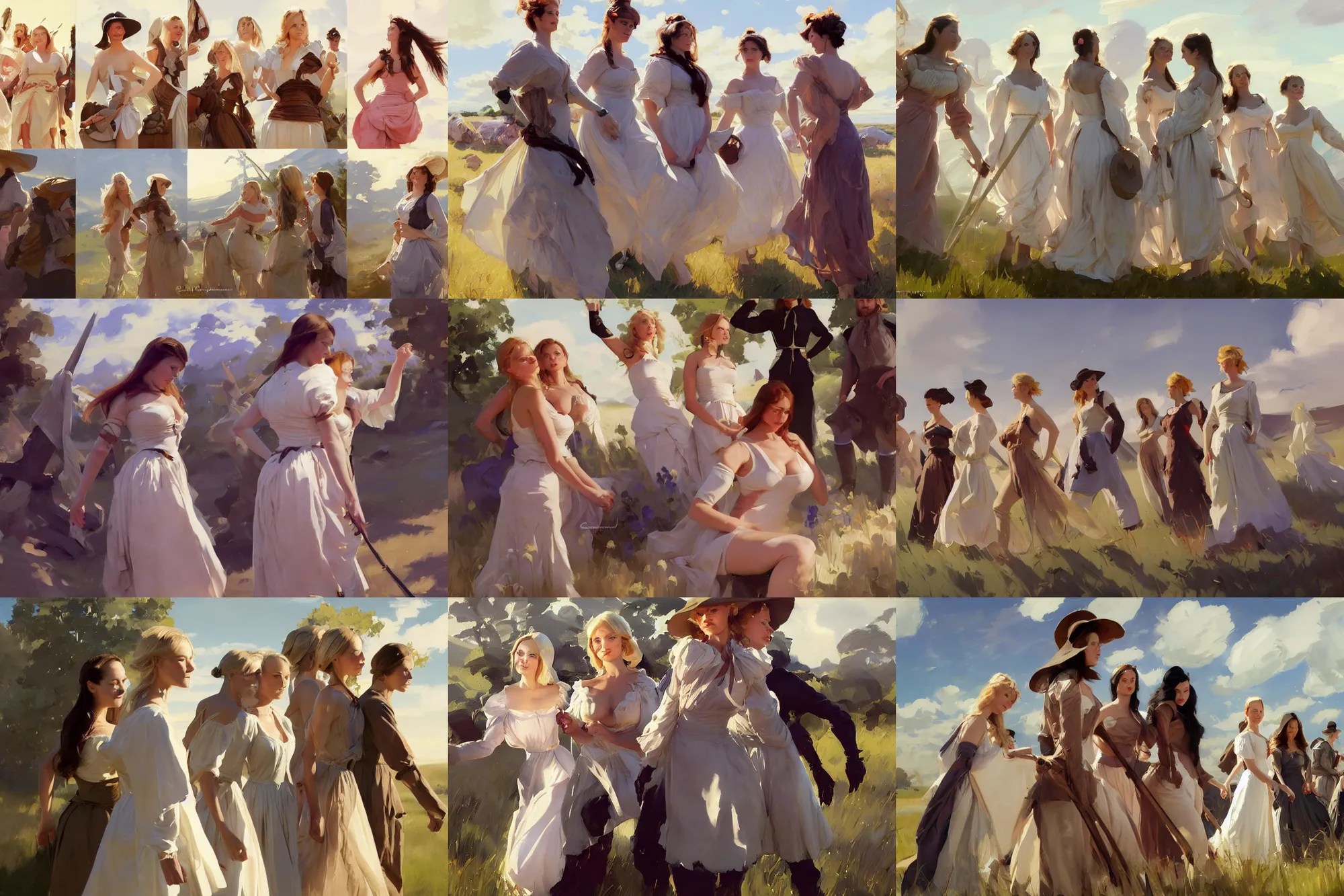 Image similar to five of beautiful finnish norwegian swedish scandinavian attractive glamour models wearing 1 7 th century mantua with low neckline walking in the field in a sunny day, jodhpurs greg manchess painting by sargent and leyendecker, studio ghibli fantasy close - up shot asymmetrical intricate elegant matte painting illustration hearthstone, by greg rutkowski by greg tocchini by james gilleard