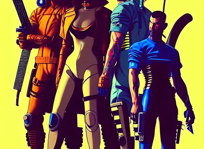 Image similar to cyberpunk samurai team. portrait by stonehouse and mœbius and will eisner and gil elvgren and pixar. character design. realistic proportions. cyberpunk 2 0 7 7 character art, blade runner 2 0 4 9 concept art. cel shading. attractive face. thick lines. the team. diverse characters. artstationhq.