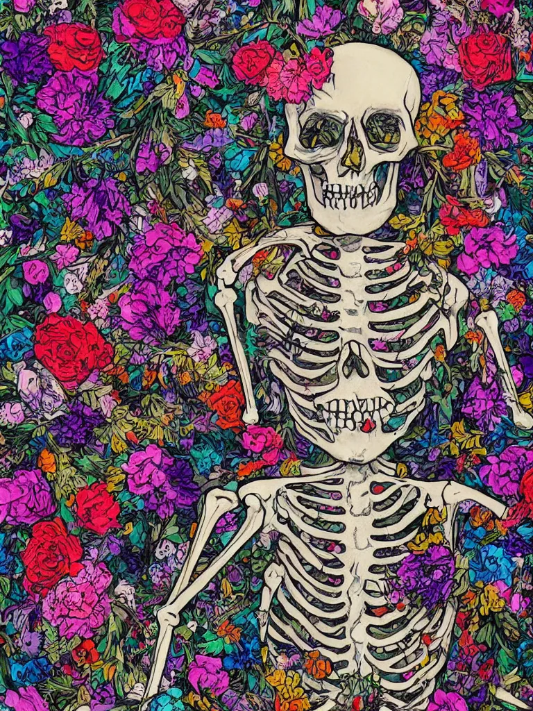 Prompt: a maximalist portrait of a skeleton covered in flowers, in the style of james jean
