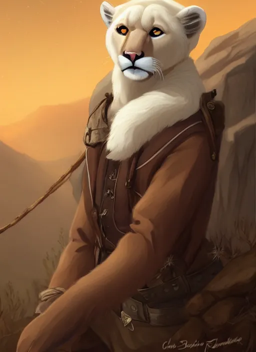 Image similar to beautiful portrait commission of a male furry anthro albino mountain lion wearing miner's clothes in the western frontier. Atmospheric. Character design by charlie bowater, ross tran, artgerm, and makoto shinkai, detailed, inked, western comic book art