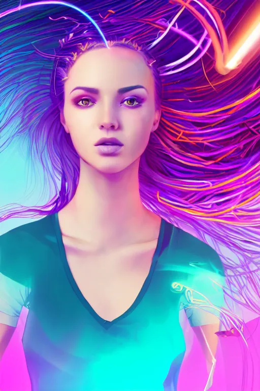 Image similar to a award winning half body portrait of a beautiful woman in a croptop and cargo pants with ombre purple pink teal hairstyle with head in motion and hair flying, surrounded by whirling illuminated lines, outrun, vaporware, shaded flat illustration, digital art, trending on artstation, highly detailed, fine detail, intricate