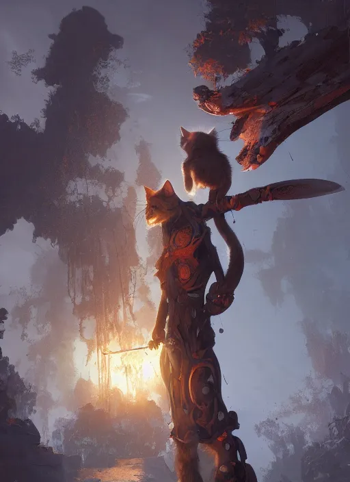 Image similar to a humanoid cat with a sword, Atmospheric beautiful by Eddie mendoza and Craig Mullins. volumetric lights volumetric lights, 8k, hd