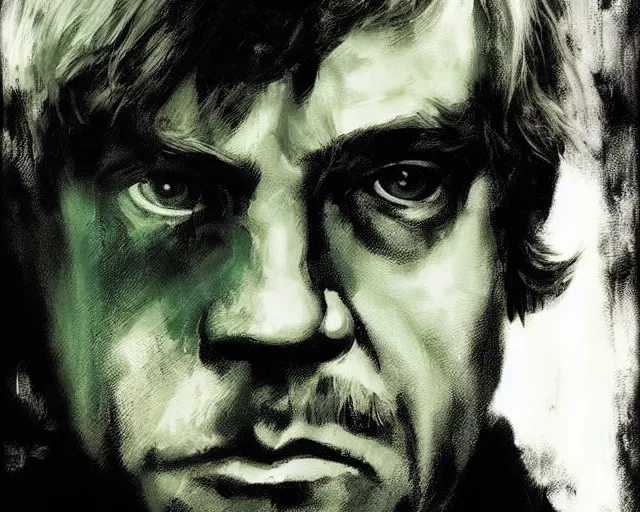 Prompt: portrait of luke skywalker mark hamill young from star wars 6 return of the jedi 1 9 8 3 in shades of grey but with green by jeremy mann