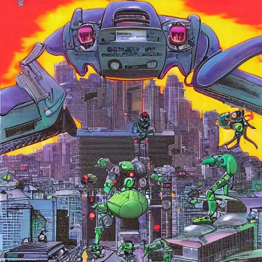 Image similar to huge frog robot devastating the city, by yoichi hatakenaka, masamune shirow