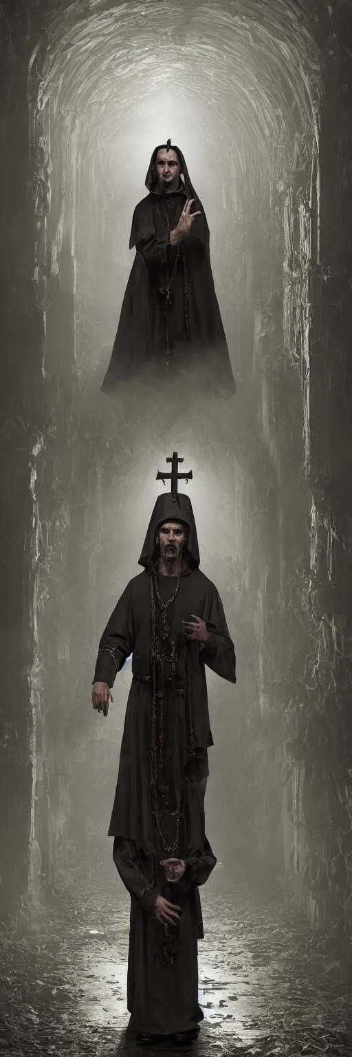 Image similar to a highly realistic and detailed full Priest standing in a dark dirty basement holding a rosary, wide angle 70mm lens, volumetric haze, front facing camera, symmetrical, photorealistic, insanely detailed and intricate, epic, hyper realistic, elegant, ornate, elite, horror, creepy, ominous, haunting, cinematic lighting, unreal engine, cinematic centered camera, high detail, no blur, unreal engine 8k