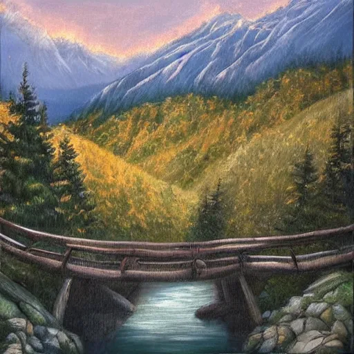 Prompt: a wooden bridge between two mountain peaks,painting,beautiful,romanticism
