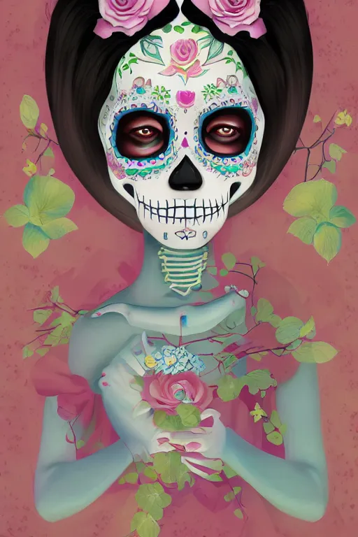 Image similar to Illustration of a sugar skull day of the dead girl, art by hsiao ron cheng