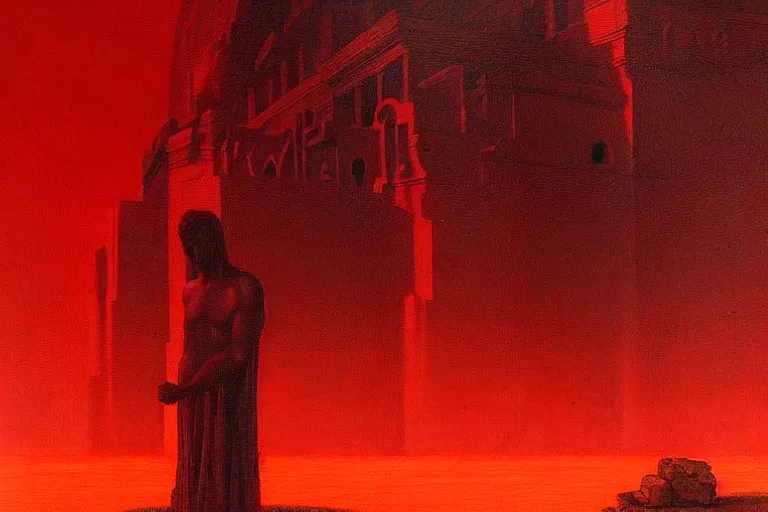 Image similar to only with red, caesar after war, a red tiger, in hoc signo vinces, rome in background, an ancient path, in the style of beksinski, part by hopper, part by rodcenko, part by hofbauer, intricate composition, red by caravaggio, insanely quality, highly detailed, masterpiece, red light, artstation