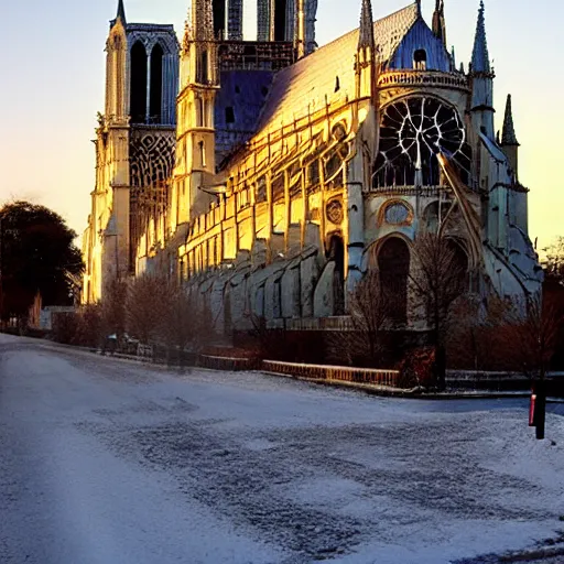 Prompt: crystal Notre Dame, at dawn, sunlit