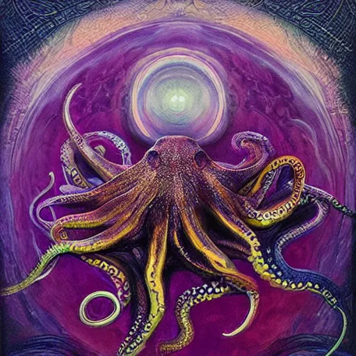 Image similar to depicting an octopus, in the style of h. p. lovecraft, exuberant organic elegant forms, by karol bak and filip hodas : : 1. 4 purple, red, blue, green, black intricate mandala explosions : : intuit art : : turbulent water backdrop : : damask wallpaper : : atmospheric