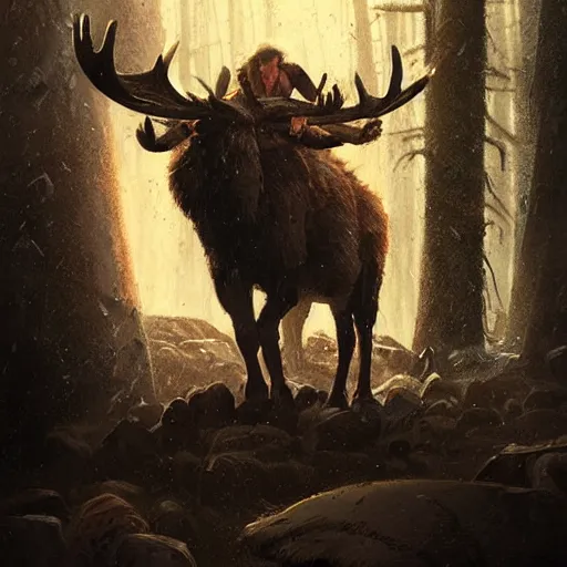 Image similar to hairy barbarian with head of moose by greg rutkowski