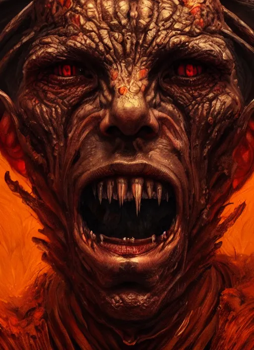 Image similar to close up portrait of a monster in the mountains of hell, oil painting by tomasz jedruszek, cinematic lighting, pen and ink, intricate line, hd, 4 k, million of likes, trending on artstation