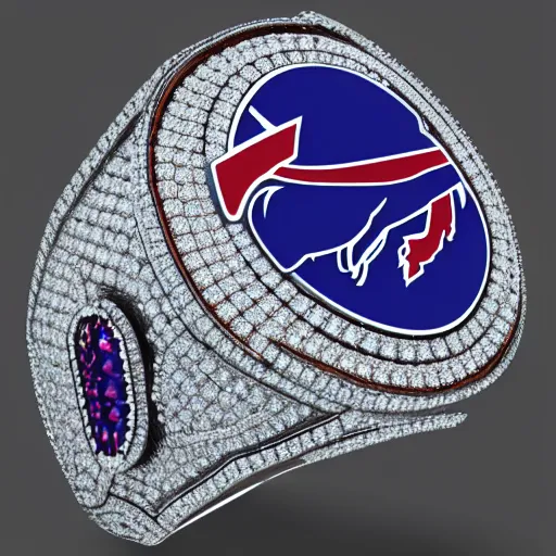 Prompt: Buffalo Bills championship ring, diamonds, sapphires, smooth lighthing, ultradetailed, 4k, trending on artstation, devianart and cgsociety, concept art