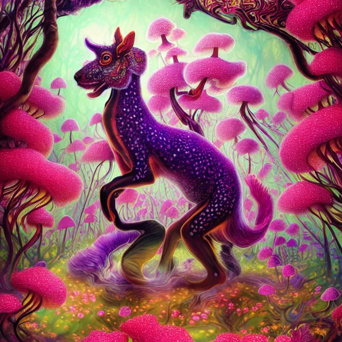 Prompt: extremely psychedelic animal made of orchid and cherry blossom tree and mushroom, LSD animal, diffuse lighting, fantasy, intricate, elegant, highly detailed, lifelike, photorealistic, digital painting, artstation, illustration, concept art, smooth, sharp focus, art by John Collier and Albert Aublet and Krenz Cushart and Artem Demura and Alphonse Mucha