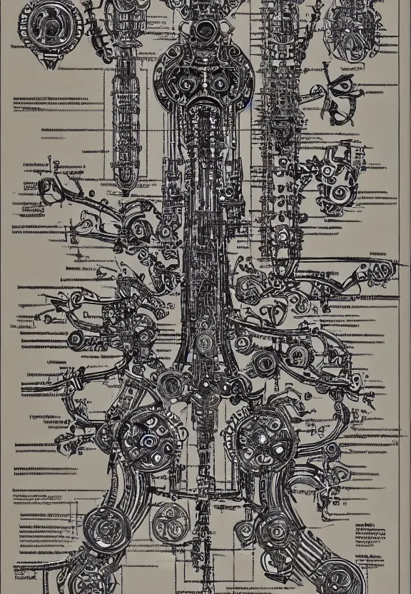 Image similar to schematic blueprint of highly detailed ornate filigreed convoluted ornamented elaborate cybernetic medical equipment, art by da vinci