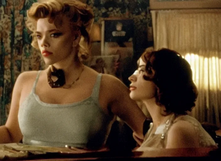 Image similar to movie still of scarlett johannson with a very big bust in goodfellas, directed by martin scorsese