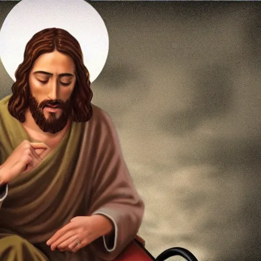 Prompt: jesus christ smoking a blunt, sitting in a wheelchair, biblically accurate