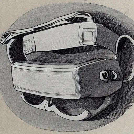 Image similar to Vintage, detailed, sketch of Oculus Rift, with full descriptions, on parchment, as depicted in Leonardo da Vinci's Codex Atlanticus