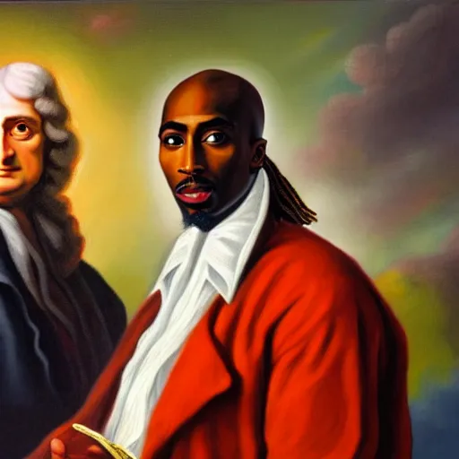 Prompt: a classical portrait of sir isaac newton and tupac shakur together, oil on canvas