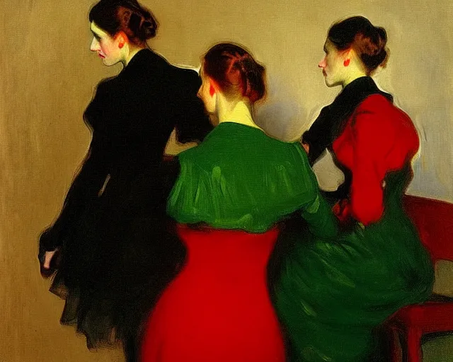 Image similar to a green, red, and black painting by John Singer Sargent