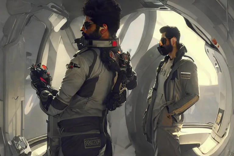 Image similar to Sensual good looking pale young Indian doctors wearing Deus Ex Mankind Divided clothing in a space station above Earth, portrait, elegant, intricate, digital painting, artstation, concept art, smooth, sharp focus, illustration, art by artgerm and greg rutkowski and alphonse mucha