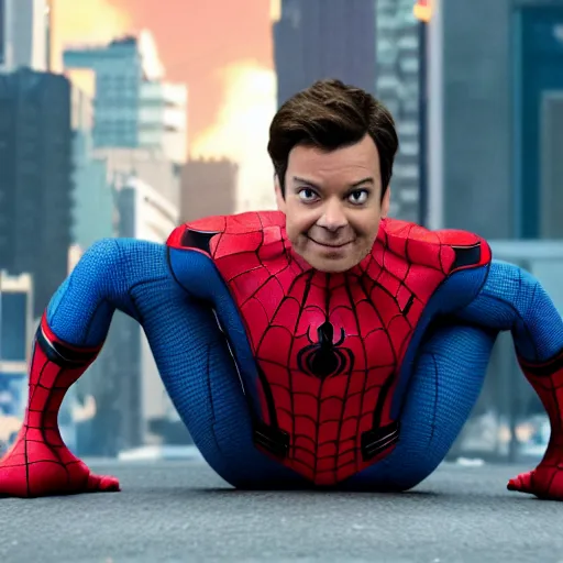 Image similar to jimmy fallon as spider man, spider - man homecoming movie, movie still, 8 k