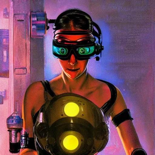 Prompt: cyberpunk woman with glowing goggles, by norman rockwell