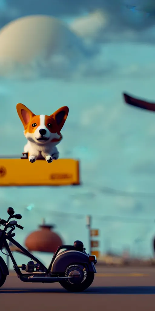 Image similar to A single cute corgi on a motorcycle, by Simon Stalenhag, unreal engine, octane render, 8k, rule of thirds