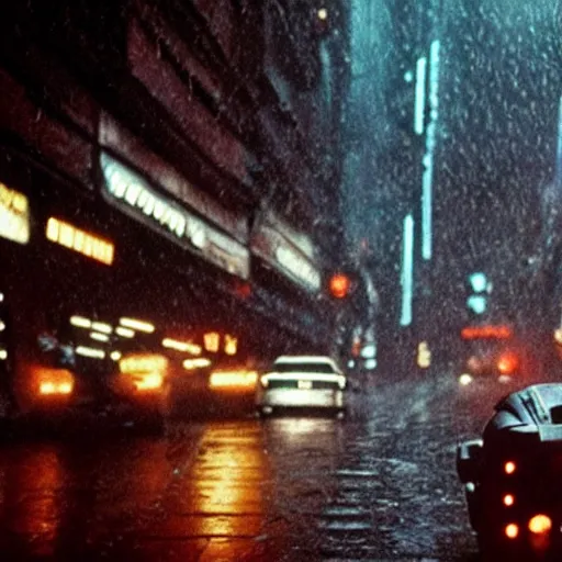 Image similar to Mandalorian in Blade Runner on a rainy city street with cars flying through the background