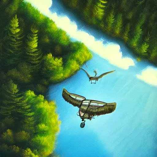 Prompt: a bus with wings [ flying above a forest and lake ], [ oil painting ]!!, trending on cgsociety, 4 k