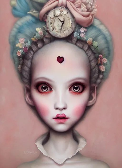 Prompt: pop surrealism, lowbrow art, realistic cute marie antoinette girl painting, japanese street fashion, hyper realism, muted colours, rococo, natalie shau, loreta lux, tom bagshaw, mark ryden, trevor brown style,