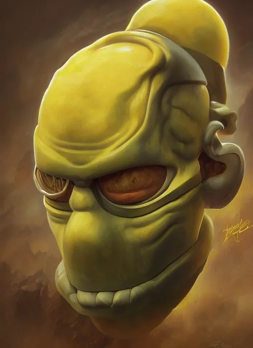 Image similar to marble homer simpson mf doom reptile eyes, polished yellow skin, centered, digital painting, artstation, concept art, smooth, sharp focus, illustration, artgerm, tomasz alen kopera, peter mohrbacher, donato giancola, joseph christian leyendecker, wlop, frank frazetta