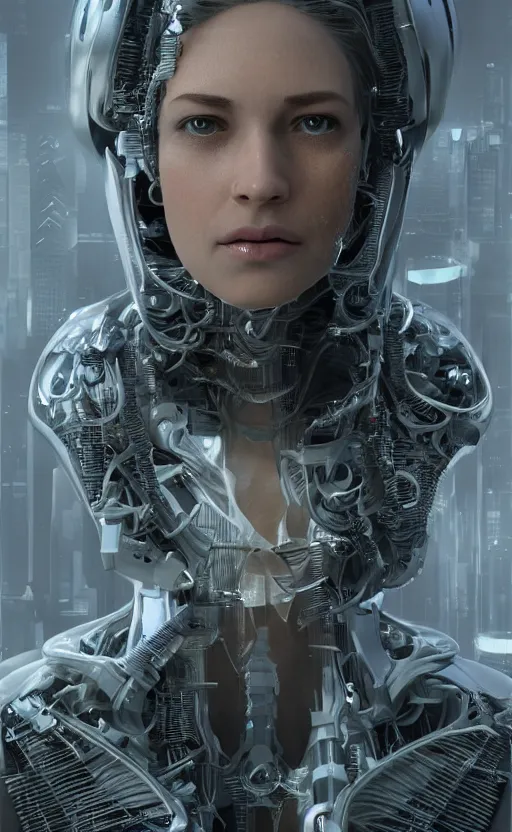 Image similar to Female in office dress, hyperrealistic mixed media, stunning 3d render inspired art by P. Craig Russell and Barry Windsor-Smith + perfect facial symmetry + dim volumetric lighting, 8k octane beautifully detailed render, post-processing, extremely hyperdetailed, intricate futuristic mechanic parts, epic composition, grim yet sparkling atmosphere, cinematic lighting + masterpiece, trending on artstation