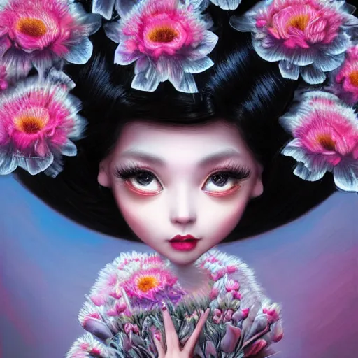 Prompt: an intelligent young women looking at the camera, she has a beautiful unconventional face, she is surrounded by an explosion of 3 d flowers, elegant, highly detailed, digital painting, artstation, japonisme, concept art, pop, smooth, sharp focus, illustration, art by mark ryden and gaston bussiere 3 d 8 k ultra detailed