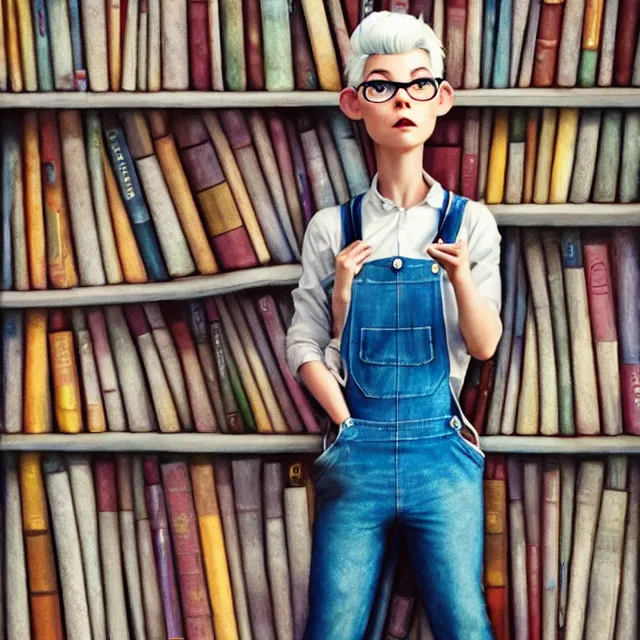 Image similar to full body pose, beautiful adult book fairy, pixar, short white hair shaved sides, dirty, grungy, grunge, long sleeve, painted overalls, stacks of giant books, highly detailed, 4 k, hdr, smooth, sharp focus, high resolution, award - winning photo, artgerm, photorealistic