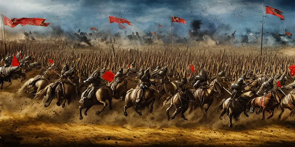 Image similar to medieval battlefield filled with cavalry fleeing from monster trucks