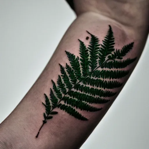 Prompt: tattoo of a fern leave, solid black borders, professional photography, 8k, trending