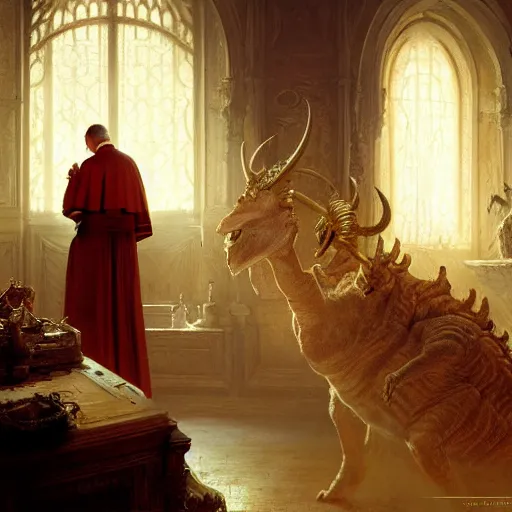 Image similar to the pope is in his bedroom, scared because a horned demon is attacking him. highly detailed painting by gaston bussiere, greg rutkowski, craig mullins 8 k