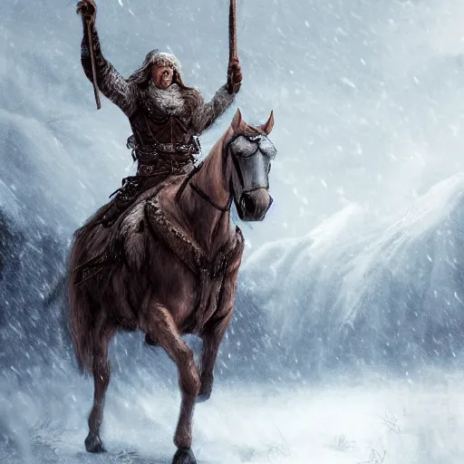 Image similar to A Nordic warrior on horseback in the snowy mountains during a snowstorm, fantasy, medieval, highly detailed, Artstation