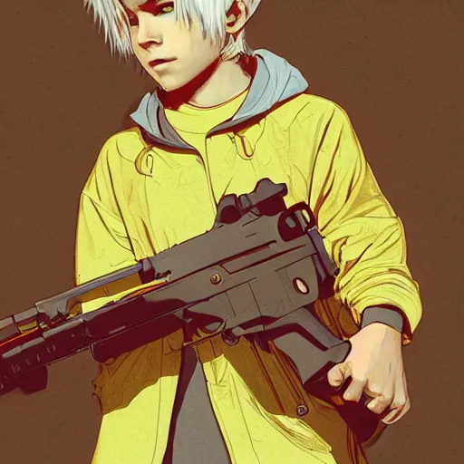 Image similar to detailed 2 d picture a boy with white hair, wearing yellow with red pattern hoodie holding a riffle in the style of artgerm and greg rutkowski and alphonse mucha