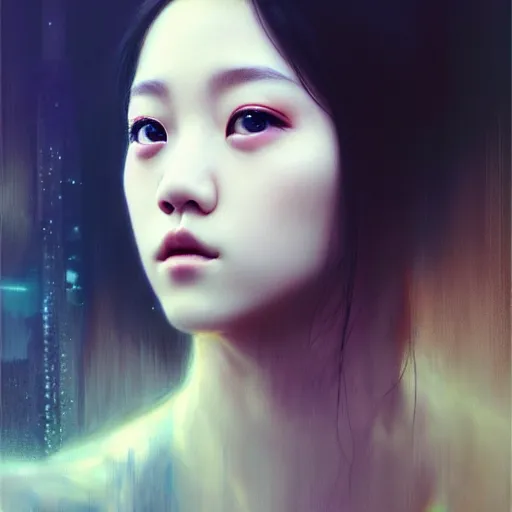 Image similar to jisoo of blackpink, hyperrealistic portrait, bladerunner street, by karol bak and agnes cecile, fantasy art, photo realistic, dynamic lighting, artstation, poster, volumetric lighting, very detailed face, 8 k, award winning