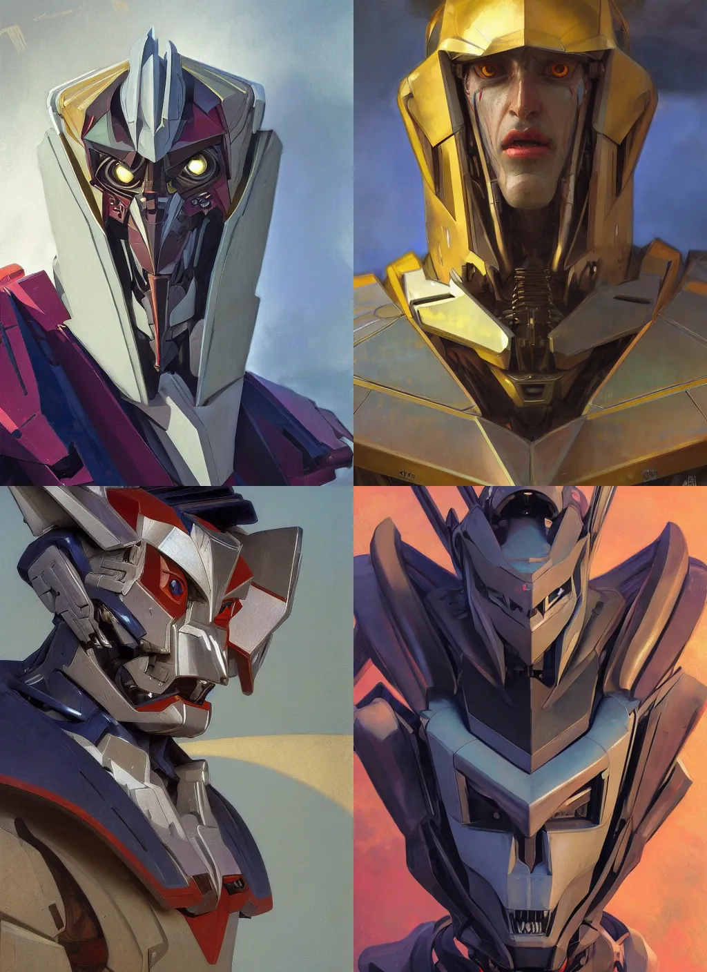 Prompt: Concept Art Portrait of G1 Transformers Animated Starscream! snarling seductively, Highly detailed by greg rutkowski, Ilya repin, alphonse mucha, and Edmund Blair Leighton. Handsome Humanoid face, Very highly detailed 8K, octane, Digital painting, the golden ratio, rational painting, sharp
