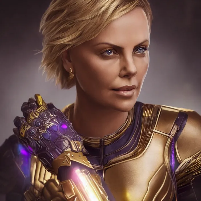 Image similar to portrait of (Charlize Theron), wearing The Infinity Gauntlet!! intricate artwork. octane render, trending on artstation, very coherent symmetrical artwork. thanos. cinematic, hyper realism, high detail, octane render, 8k, iridescent accents