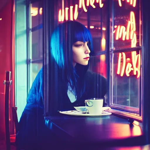 Prompt: beautiful over the shoulder photograph of a woman with dark-blue hair sitting in a cafe next to a window on a rainy night, outside are neon lights from a busy city, award winninh photo, artstation, atmospheric, high detail