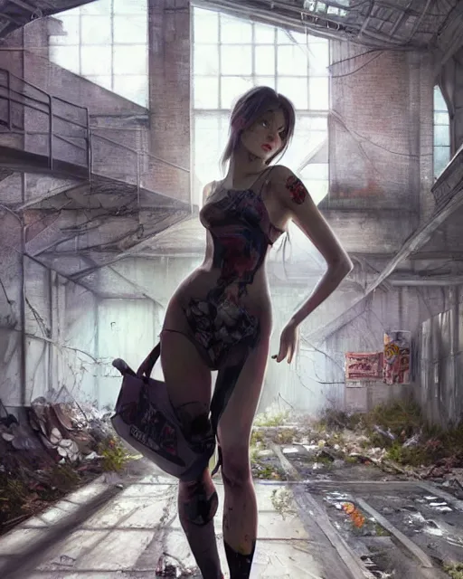 Image similar to daniel gerhartz and artgerm portrait digital realist painting of a beautiful woman wearing streetwear clothing, abandoned warehouse interior in the background, unreal engine, hyper realism, realistic shading, cinematic composition, realistic render, octane render, detailed textures, photorealistic, ultrawide shot, 3 5 mm film