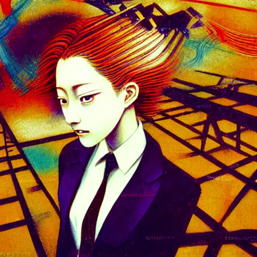 Image similar to yoshitaka amano blurred and dreamy realistic three quarter angle portrait of a young woman with short hair and black eyes wearing dress suit with tie, junji ito abstract patterns in the background, satoshi kon anime, noisy film grain effect, highly detailed, renaissance oil painting, weird portrait angle, 1 9 9 0 s anime